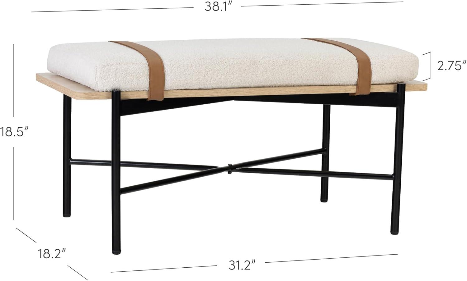 Nathan James Thatcher Boucle Wood and Metal Removable Cushion Bench: Curved Edge, Vegan Leather Straps, Zipper Design, Easy Clean