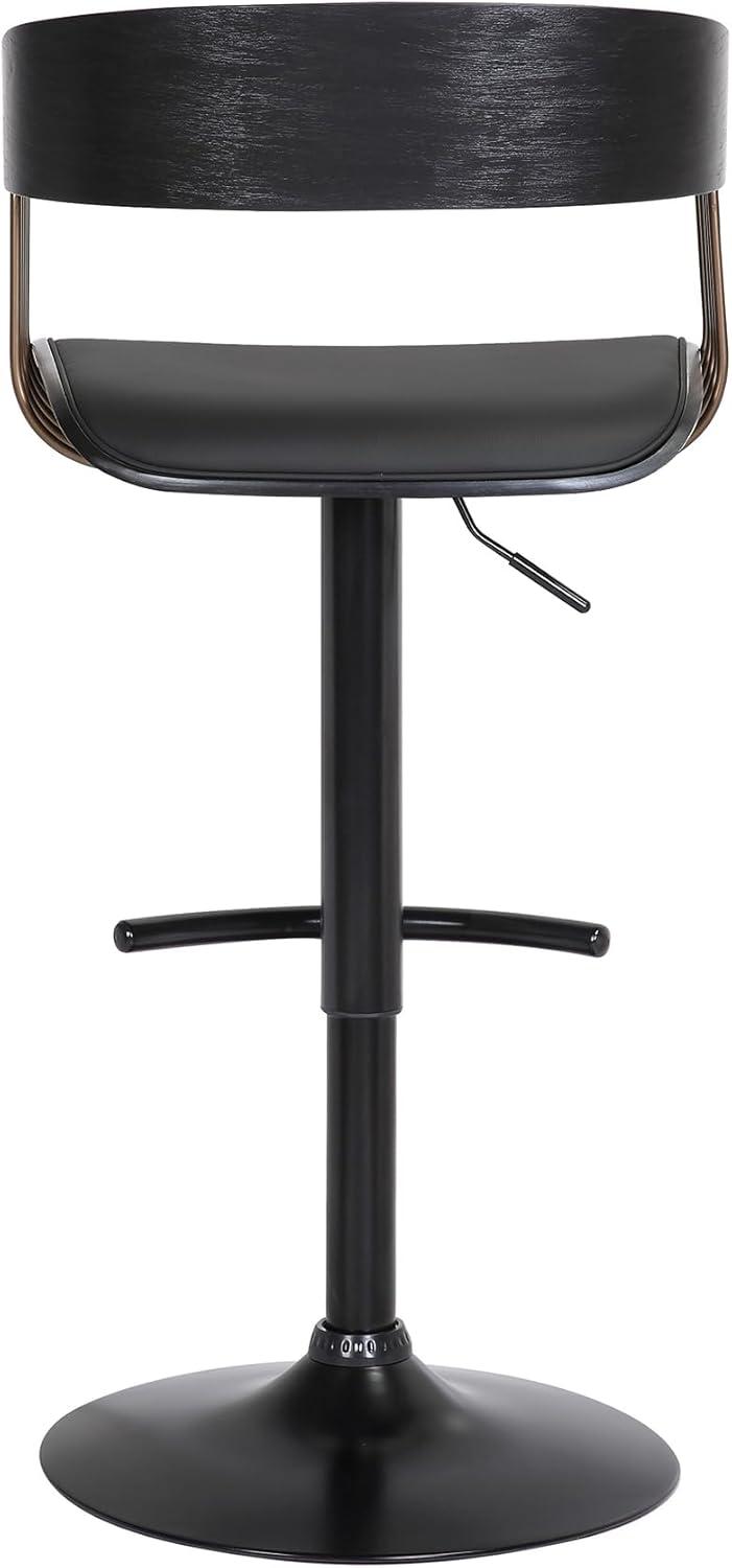 Larisa Adjustable Black Wood Bar Stool in Black Faux Leather with Golden Bronze and Black Metal