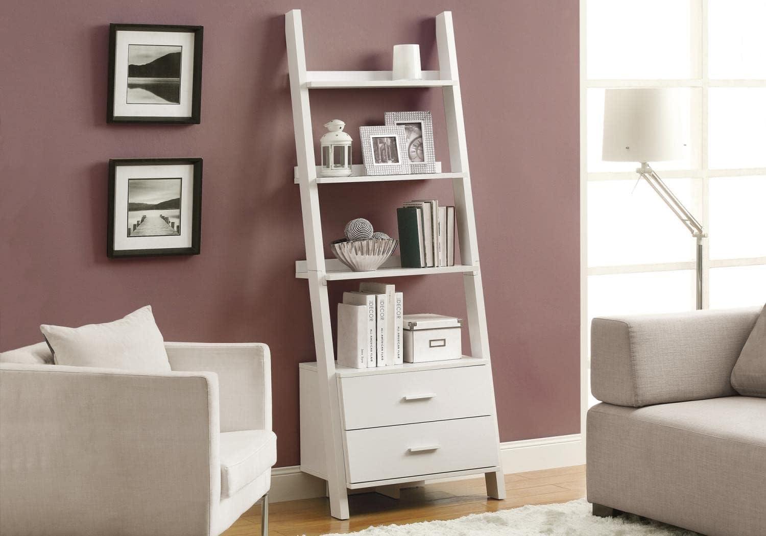 Monarch Bookcase 69"H / White Ladder With 2 Storage Drawers