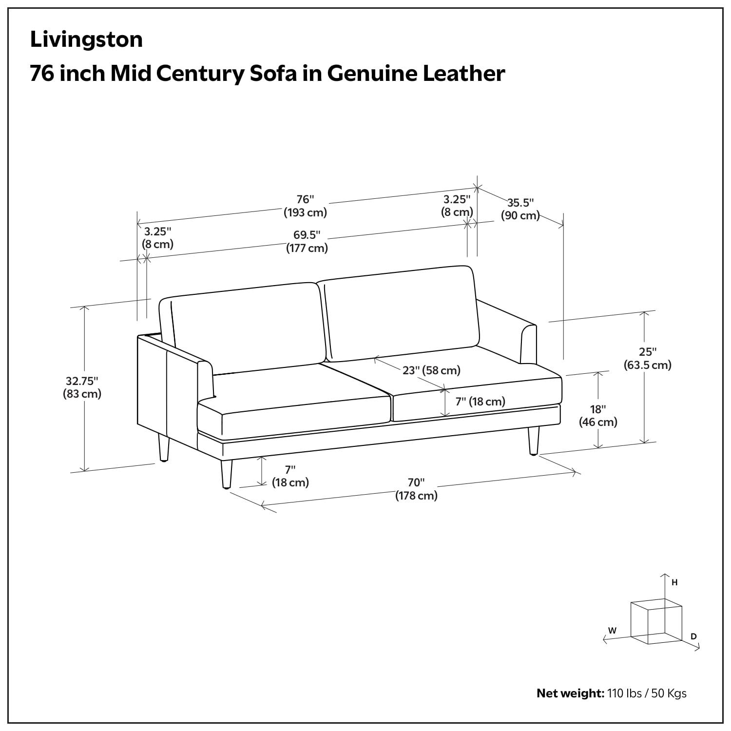 Simpli Home Livingston Genuine Leather Sofa Mid-Century Modern Couch for Living Room,Handcrafted with Removable Cushions