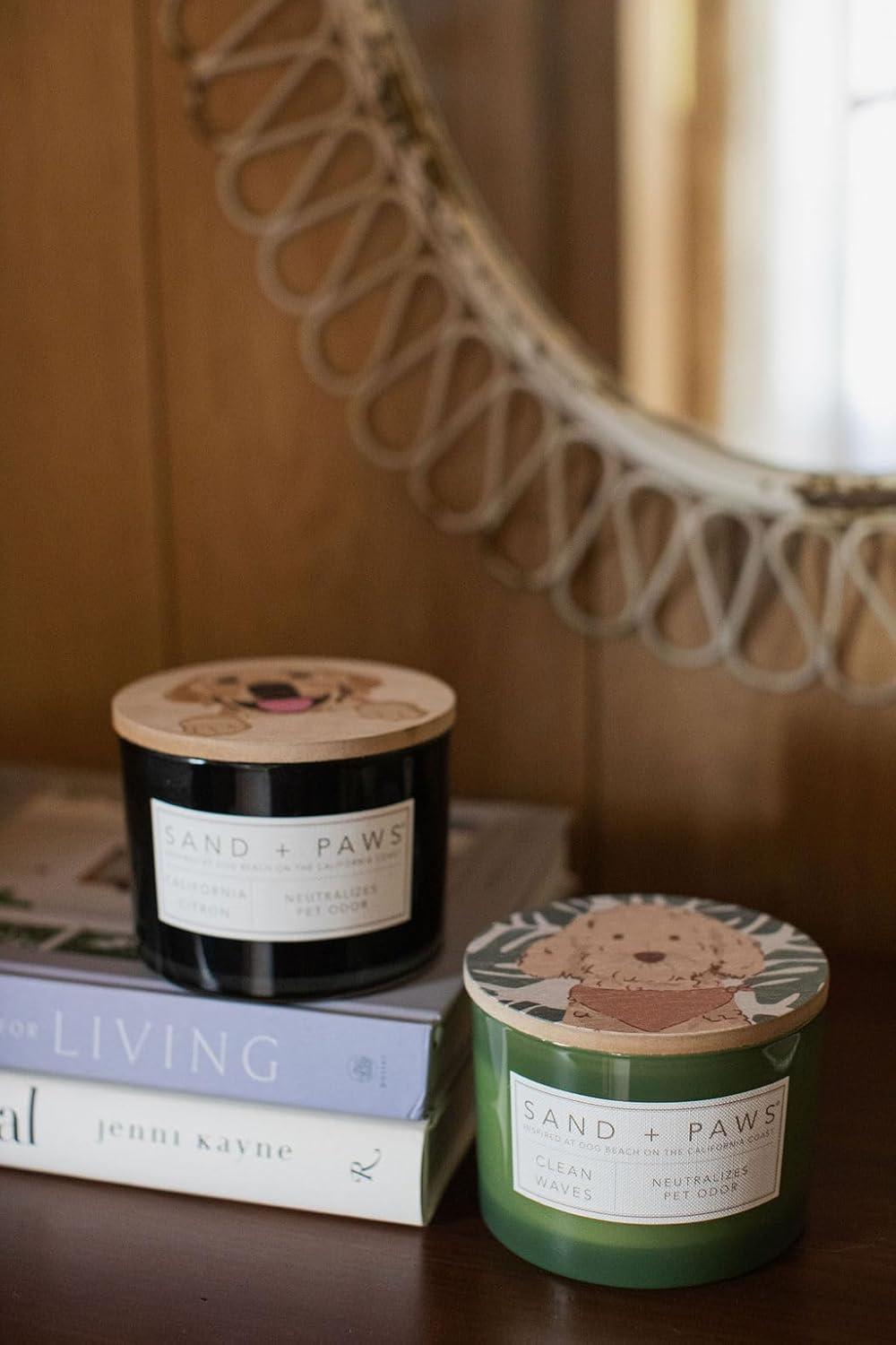 Sand + Paws Scented Candle - Clean Waves - Additional Scents and Sizes –Luxurious Air Freshening Jar Candles Neutralize pet Odors and Enhance Home décor – 100% Cotton Lead-Free Wicks - 12 oz