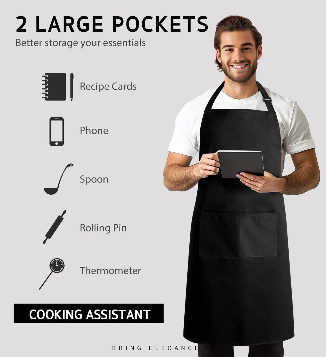 Black Adjustable Polyester Bib Apron with Pockets, 2-Pack