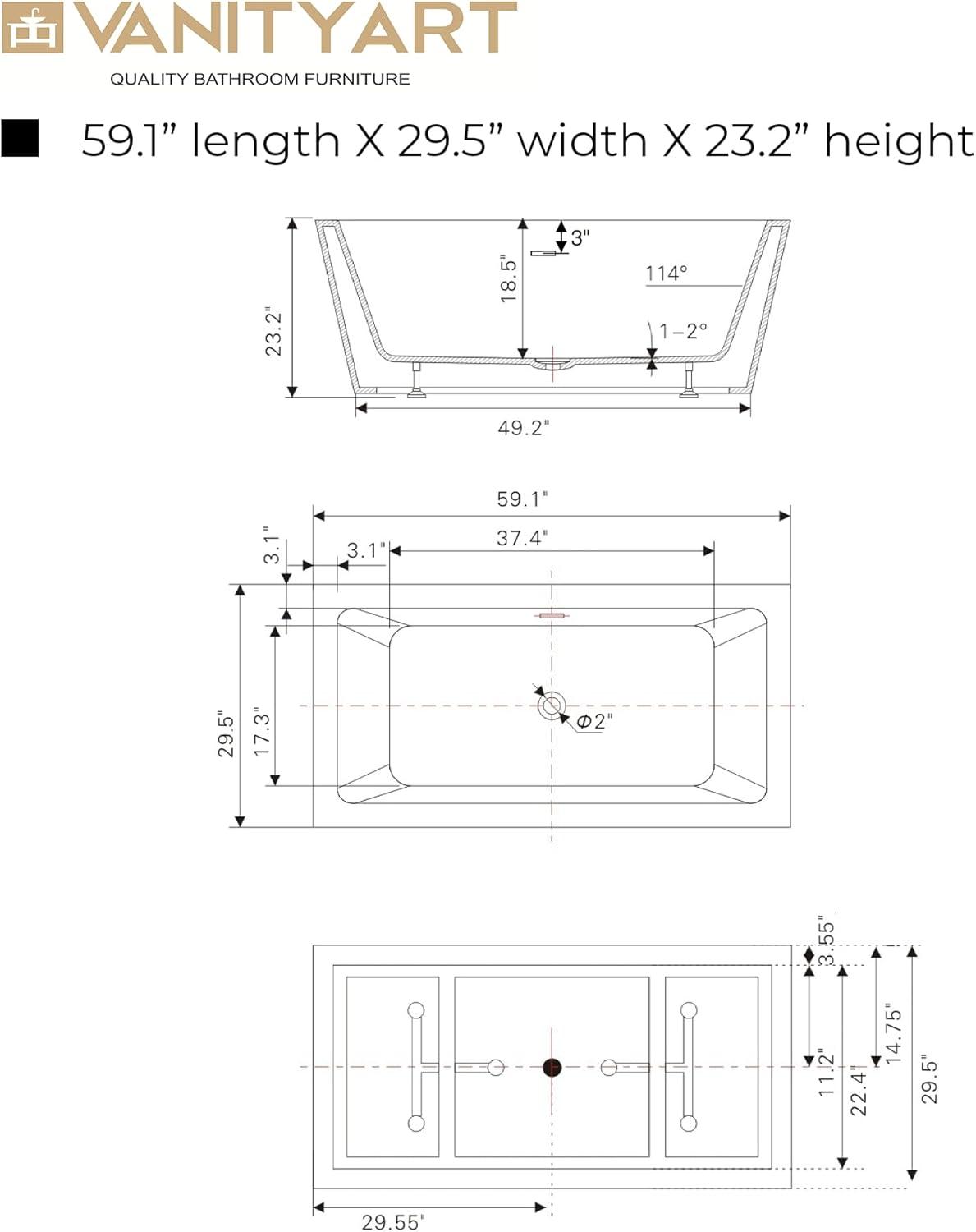 Elena 59" x 30" Freestanding Soaking Acrylic Bathtub