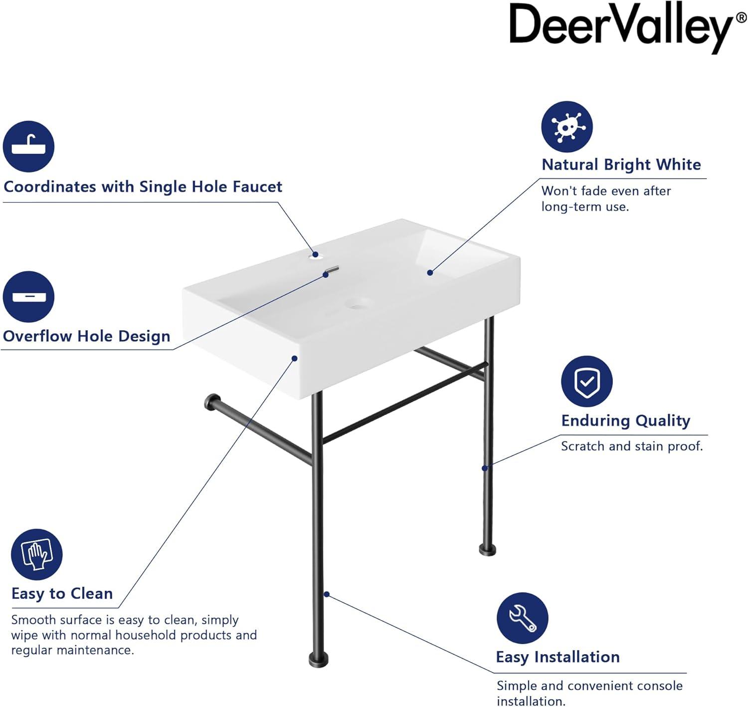 30" White Ceramic Console Sink with Black Stainless Steel Legs