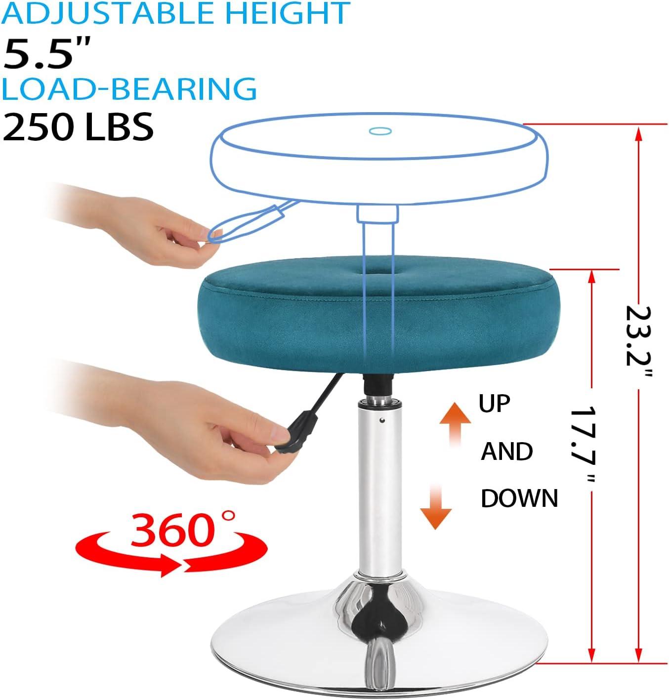 Adeco  Adjustable Velvet Round Ottoman Swivel Vanity Stool Makeup Chair Teal