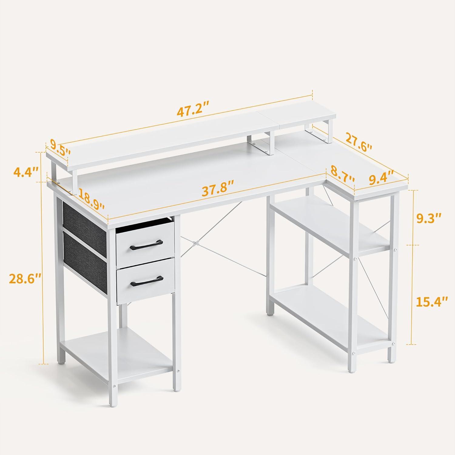 ODK 47 Inch Compact L Shaped Desk for Apartment, Living Room, Bedroom, or Office with Storage Shelves, Headphone Hook, and Monitor Stand