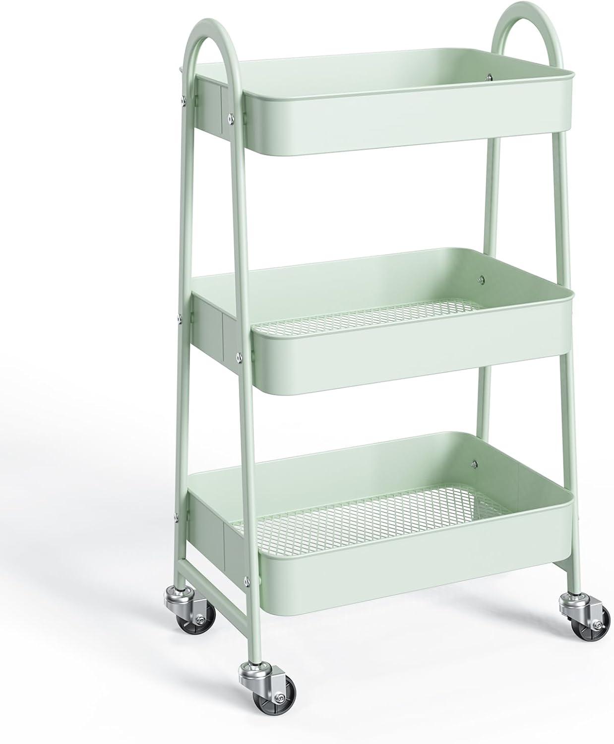 Mint Green Metal 3-Tier Rolling Utility Cart with Wheels