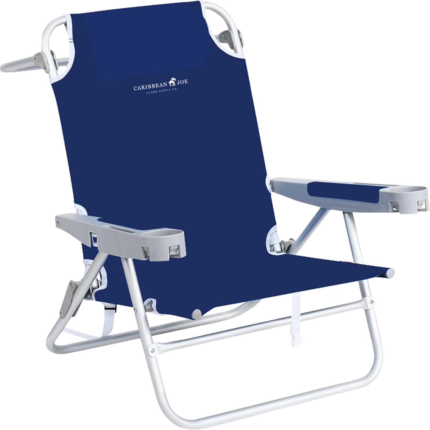 Navy Blue Aluminum 5-Position Folding Camping Chair with Armrests