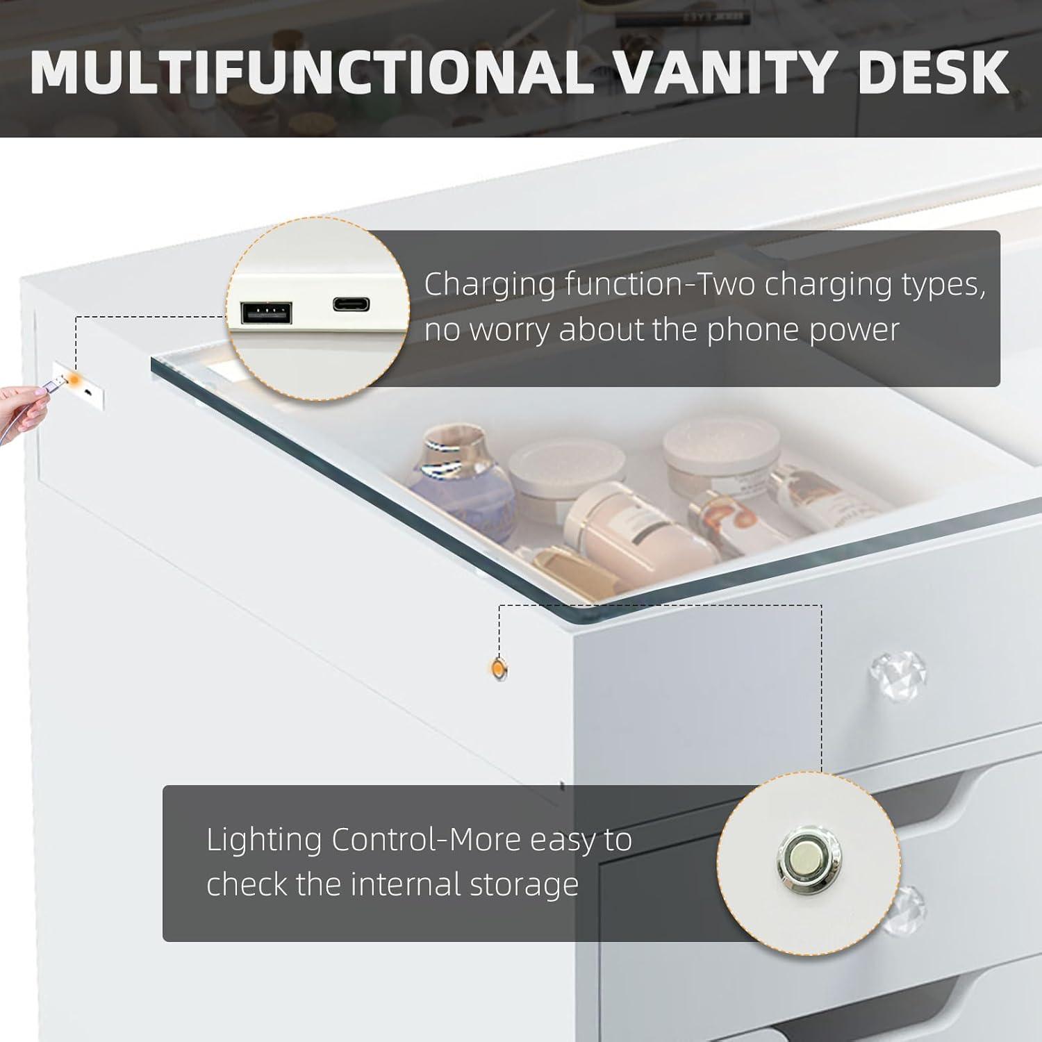 White 60" Vanity Desk with 13 Drawers and LED Lighting