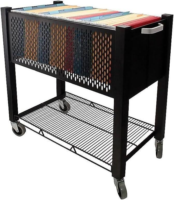 Black Steel Mobile File Cart with Push Handle and Locking Wheels