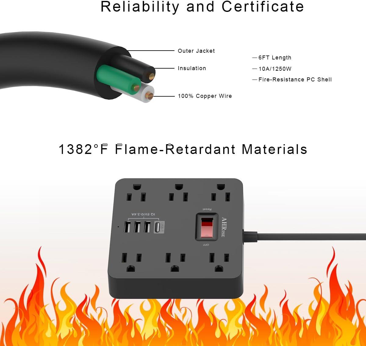 ONDOG 5ft Extension Cord - 6 AC Outlets and 4 USB Charging Ports, Power Strip for Home, Office, Black