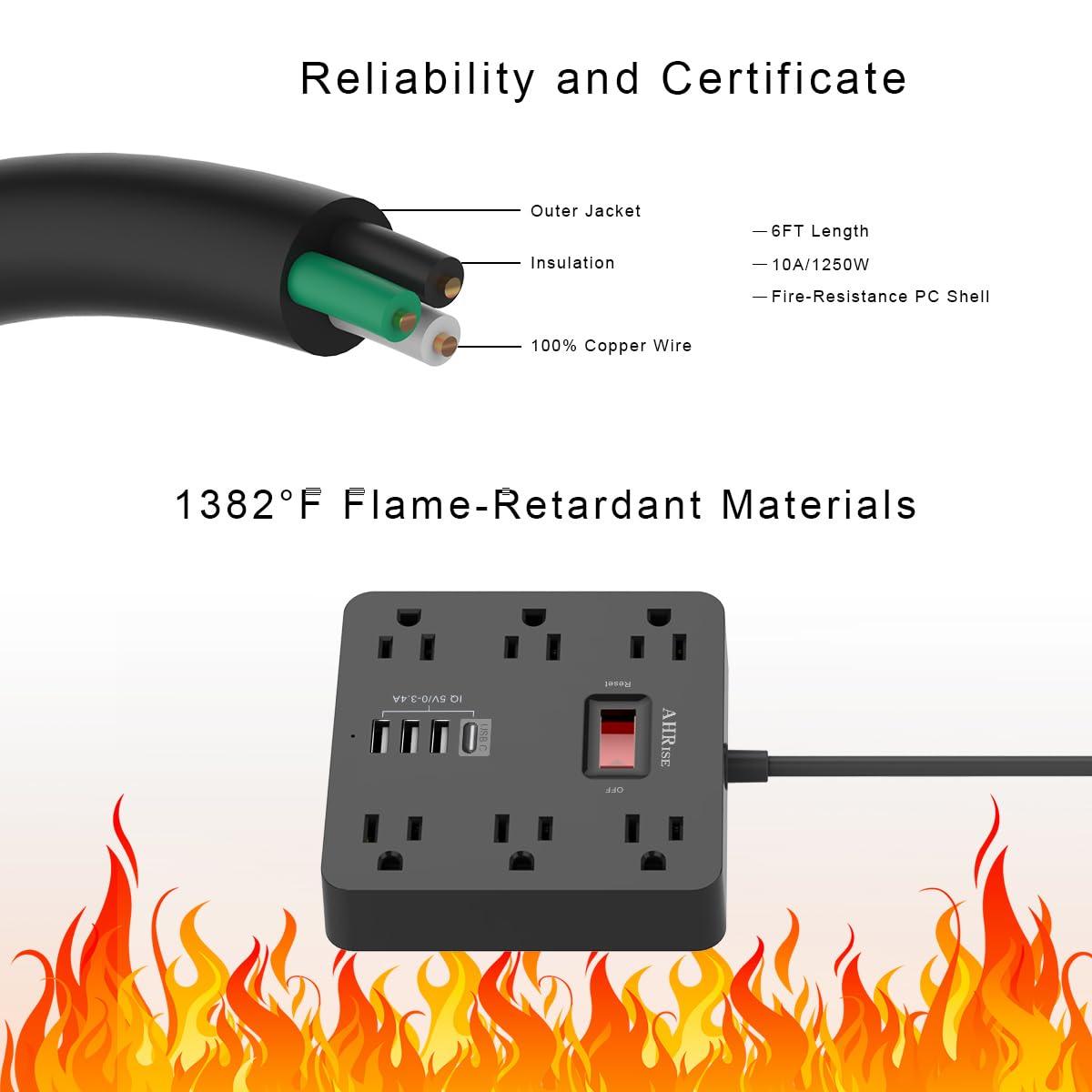 ONDOG 5ft Extension Cord - 6 AC Outlets and 4 USB Charging Ports, Power Strip for Home, Office, Black