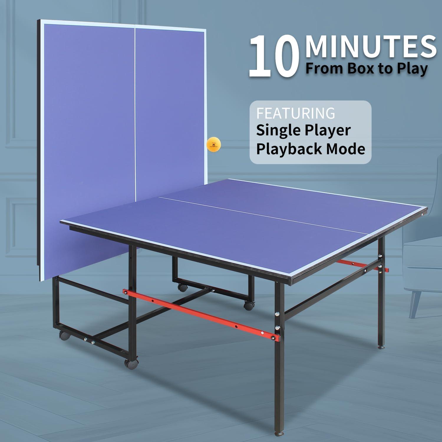 8FT Mid-Size Table Tennis Table, Foldable & Portable Ping Pong Table Set for Indoor & Outdoor Games with Net, 2 Table Tennis Paddles and 3 Balls, Blue+Black