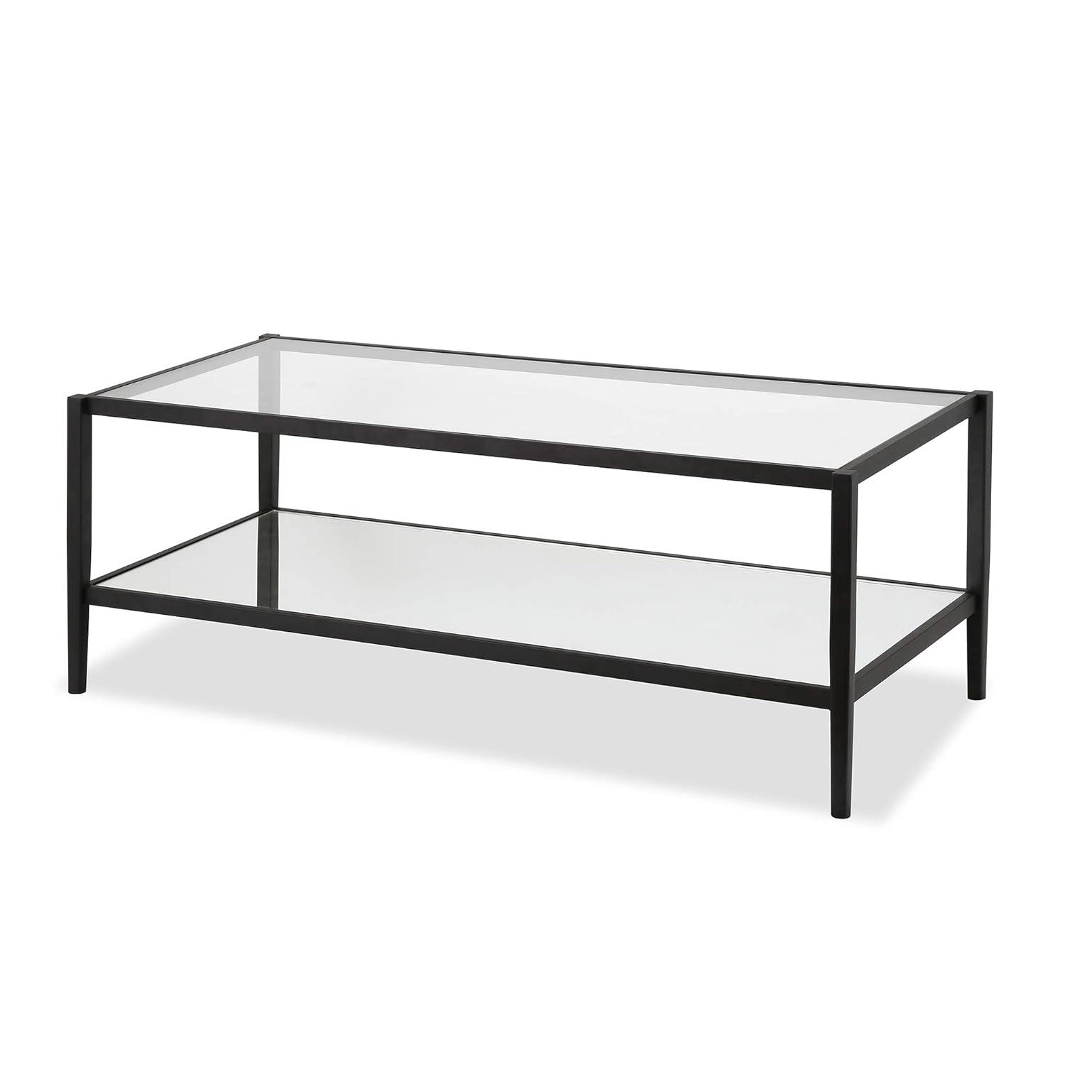 Modern Rectangle Coffee Table in Brass and Gold with Mirrored Shelf - Henn&Hart