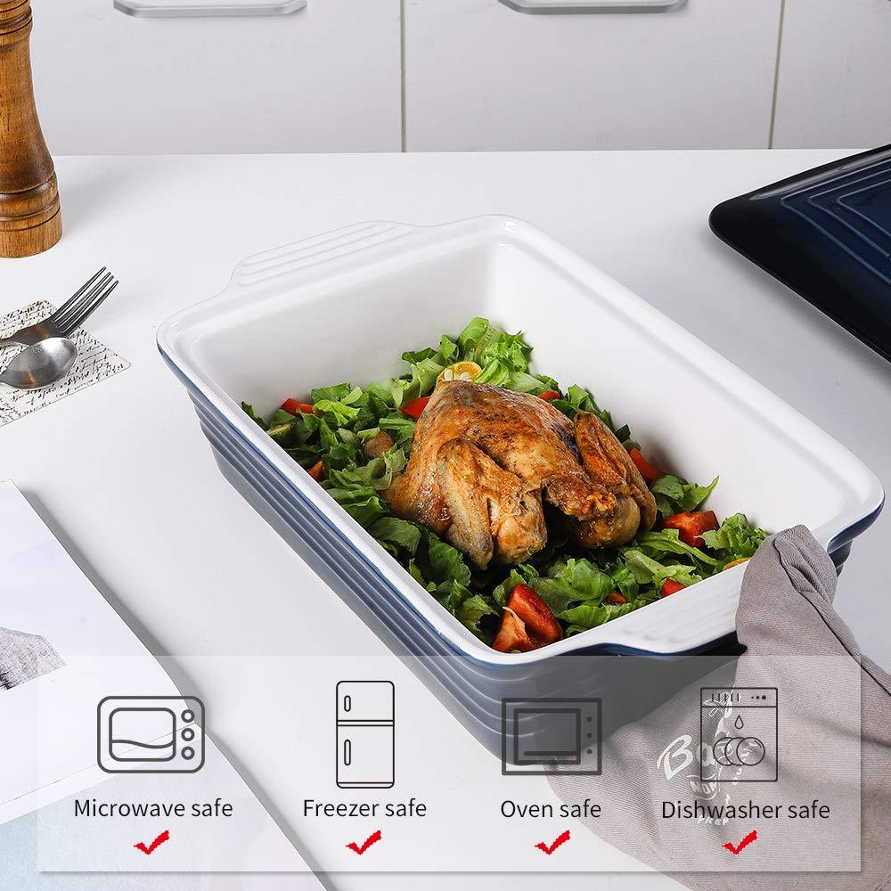 Ceramic Casserole Dish With Lid, Covered Rectangular Set, Lasagna Pan for Cooking, Baking Dish for Dinner, 9 x 13 Inches, Gradient Series (Gradient Blue)