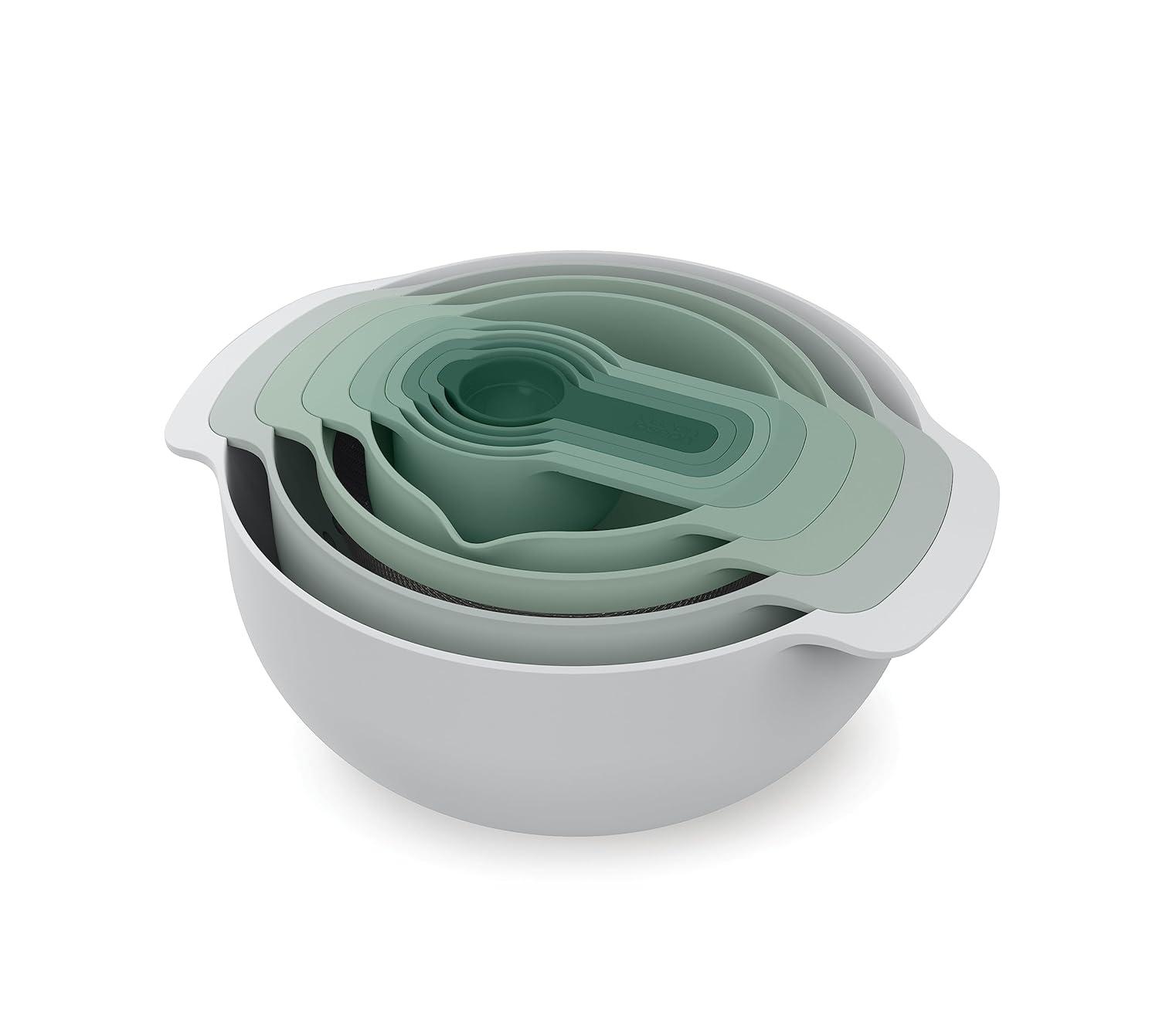 Joseph Joseph Nest 9 Plus, 9 Piece Compact Food Preparation Set with Mixing Bowls, Measuring cups, Sieve and Colander, Editions Range, Sage Green