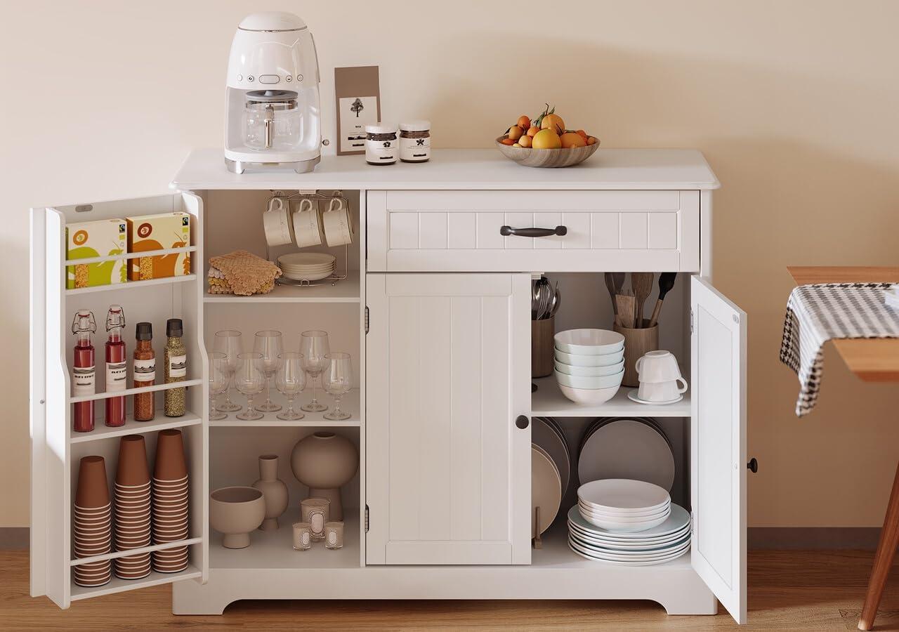 White MDF Kitchen Sideboard Buffet Cabinet with Drawer and Shelves