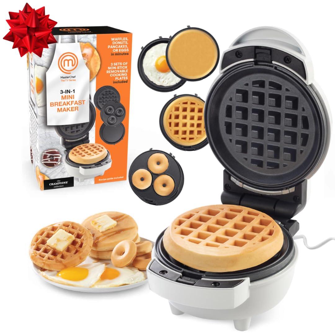 MasterChef 3-in-1 Mini Breakfast Maker- Make Eggs, Pancakes, Donuts, & Waffles and More in One Appliance! 3 Removable Non-Stick Cooking Plates for Easy Cleaning & Storing