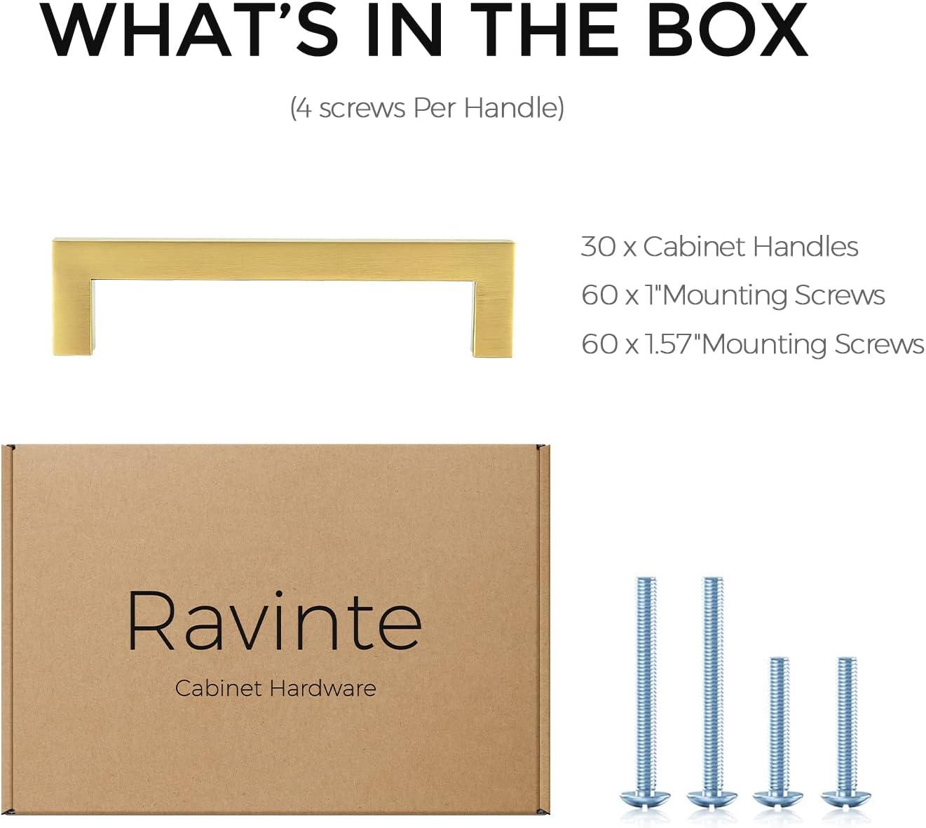 Ravinte 30 Pack 5 Inch Stainless Steel Cabinet Handles Square Cabinet Pulls Brushed Brass Cabinet Hardware Kitchen Cabinet Drawer Pulls Come with Screwdriver
