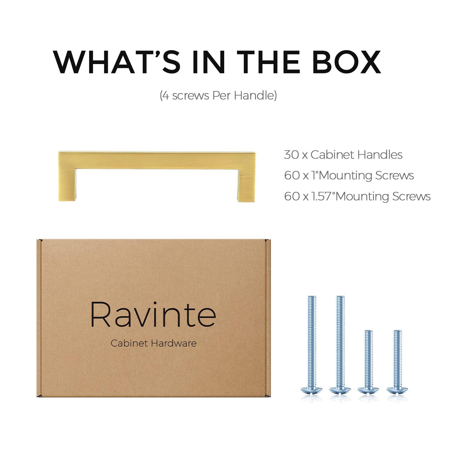 Ravinte 30 Pack 5 Inch Stainless Steel Cabinet Handles Square Cabinet Pulls Brushed Brass Cabinet Hardware Kitchen Cabinet Drawer Pulls Come with Screwdriver