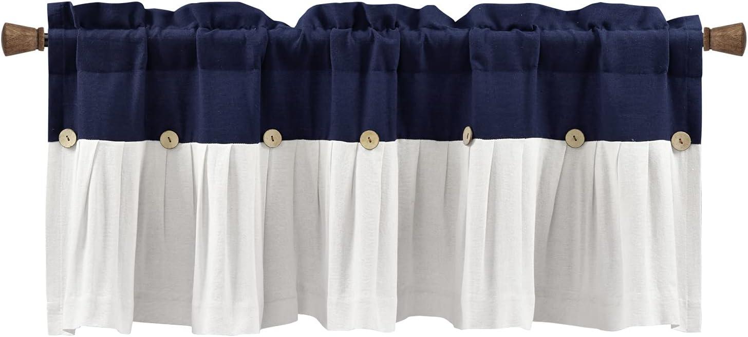 18"x52" Farmhouse Linen Button Window Valance Navy/White - Lush Décor: Classic Cotton & Linen Rod Pocket