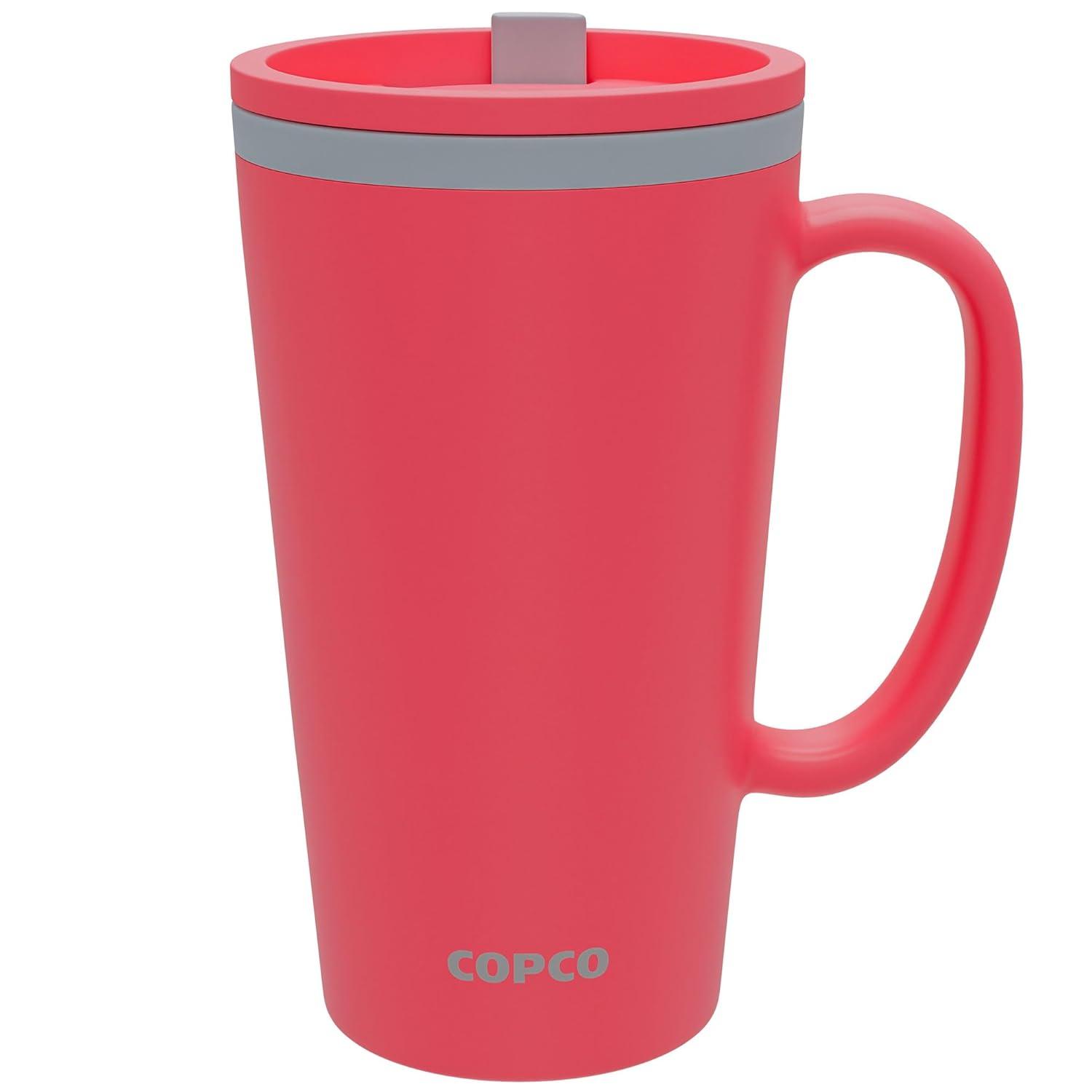 Copco Cone 16oz Insulated Travel Mug with Handle, Double Wall, Slide-Closure Lid, BPA-Free, Portable Coffee Cup (Coral Red)