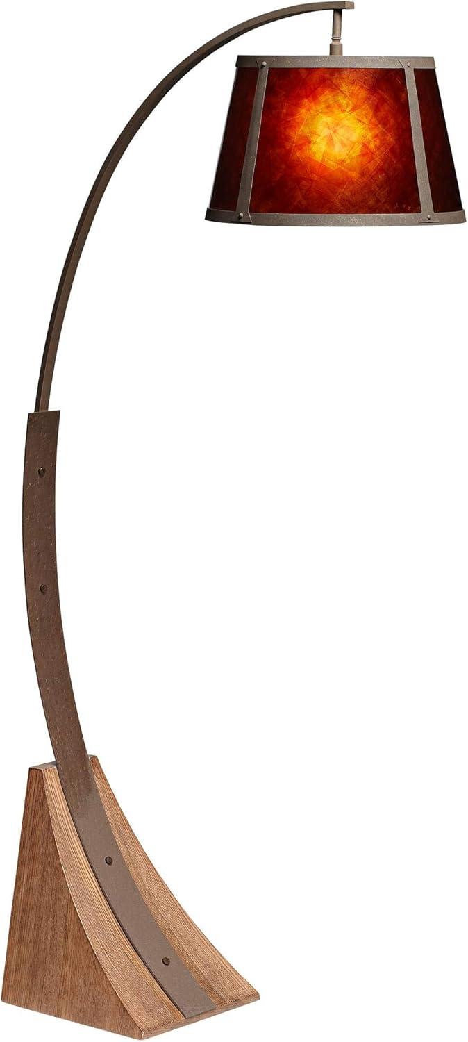 Franklin Iron Works Oak River Rustic Mission Arc Floor Lamp 66 1/2" Tall Dark Rust Wood Amber Mica Drum Shade for Living Room Reading Bedroom Office