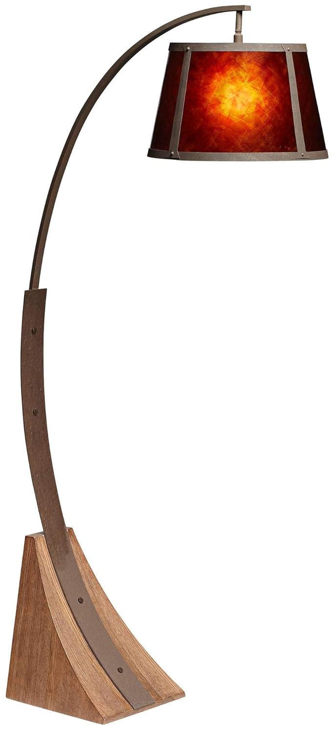 Franklin Iron Works Oak River Rustic Mission Arc Floor Lamp 66 1/2" Tall Dark Rust Wood Amber Mica Drum Shade for Living Room Reading Bedroom Office