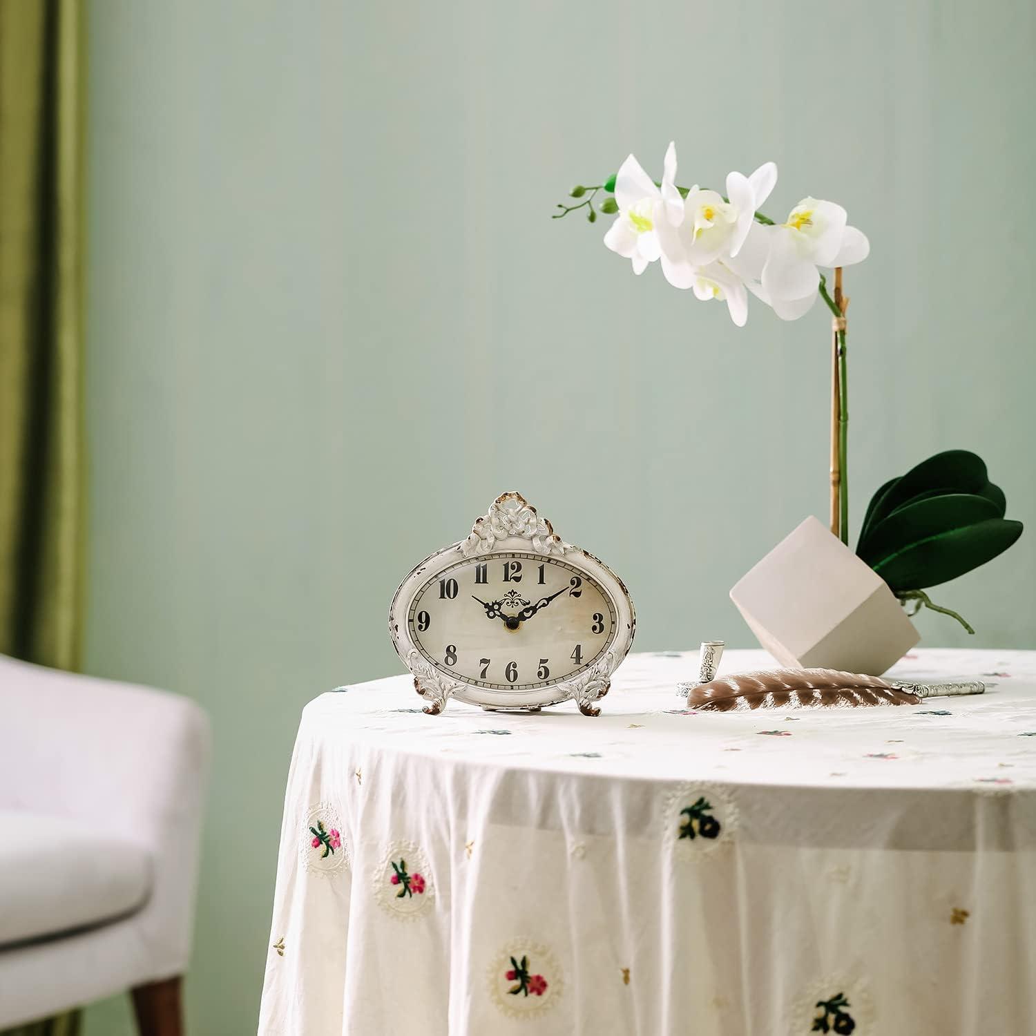 Distressed White Vintage Pewter Quartz Table Clock