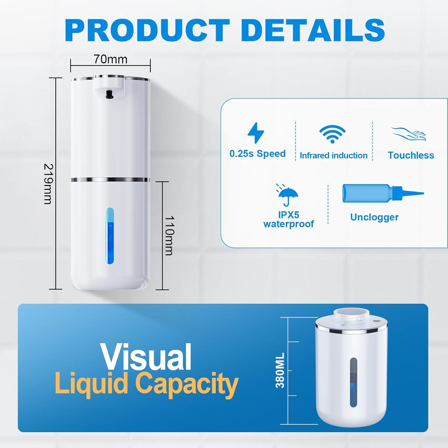 Automatic Liquid Soap Dispenser,380ml Wall Mount Touchless 4 Gear Adjustable Electric Liquid Soap Dispenser,USB Rechargeable with Sensor for Bathroom,Kitchen,Office