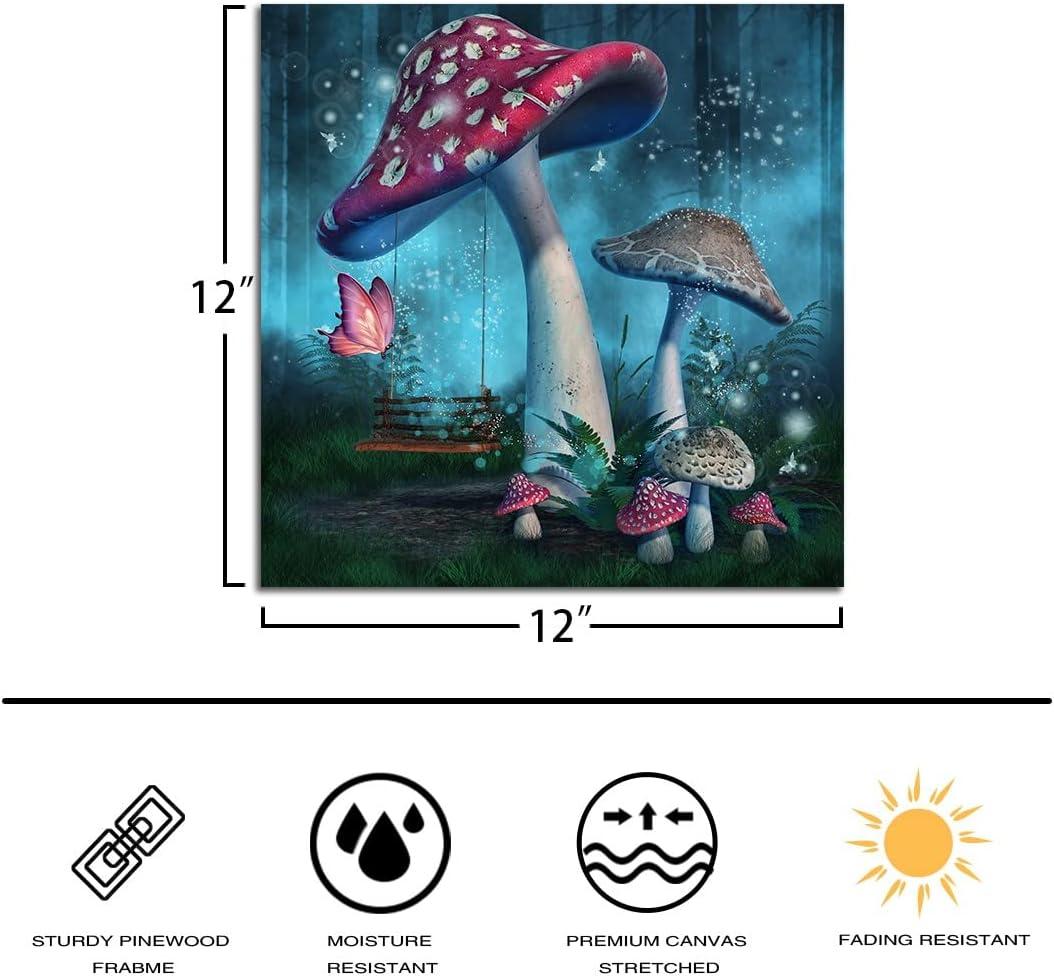 Magical Forest Wall Art Fantasy Mushroom Wall Decor Nature Landscape Plant Picture Butterflies Canvas Print Nursery Decor Fairytale Theme Wall Painting for Home Kids Bedroom Dorm Decoration 12"x12"