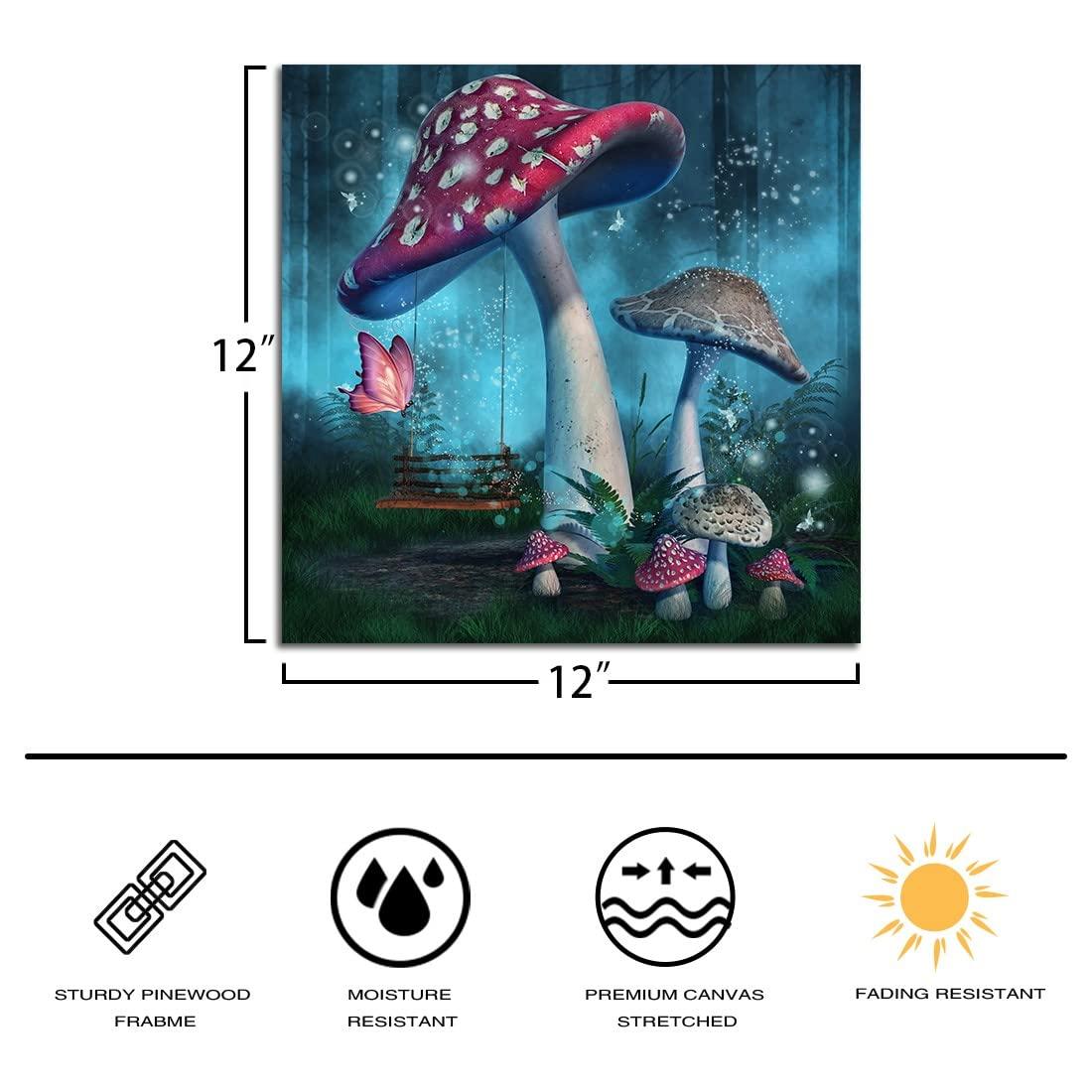 Magical Forest Wall Art Fantasy Mushroom Wall Decor Nature Landscape Plant Picture Butterflies Canvas Print Nursery Decor Fairytale Theme Wall Painting for Home Kids Bedroom Dorm Decoration 12"x12"