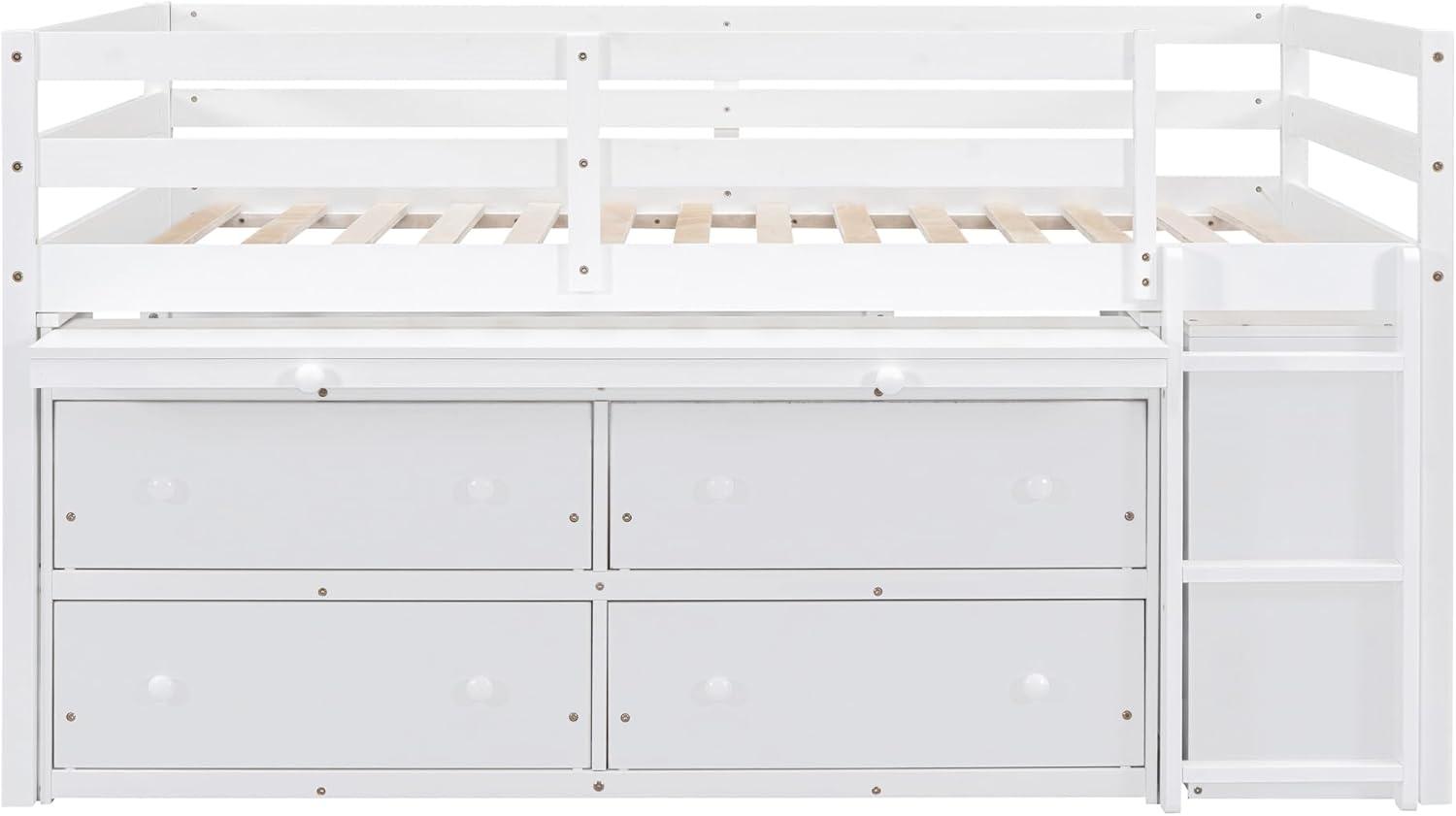 Full Size Low Loft Bed With Storage, Portable Desk & 4 Drawers, Wood Frame With Shelves, Modern Farmhouse Junior Loft for Kids Boys Girls, White
