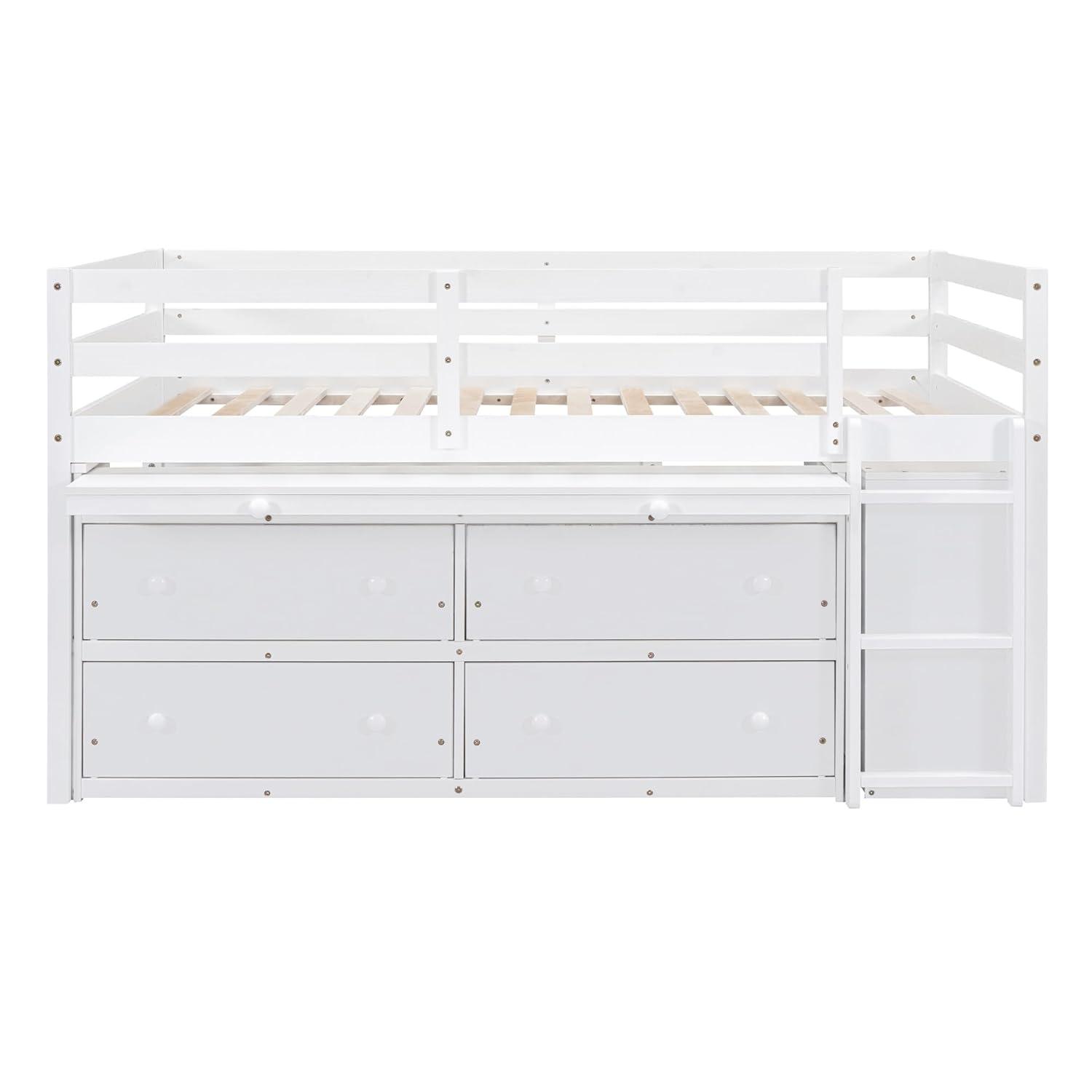 Full Size Low Loft Bed With Storage, Portable Desk & 4 Drawers, Wood Frame With Shelves, Modern Farmhouse Junior Loft for Kids Boys Girls, White
