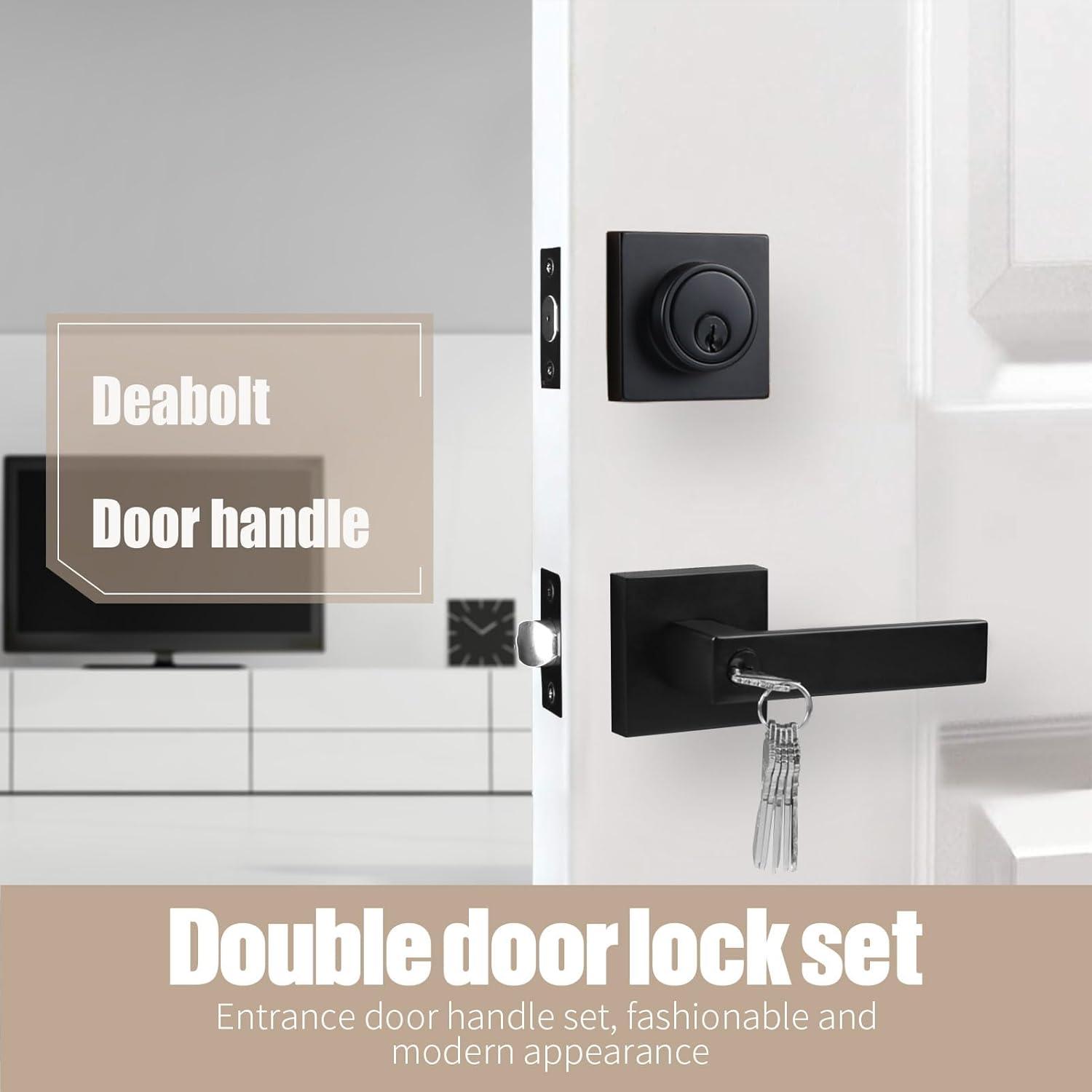 Front Door Handle and Deadbolt Set, Matte Black Exterior Door Lock Set with Deadbolt, Front Door Handles and Locks (2 Pack)