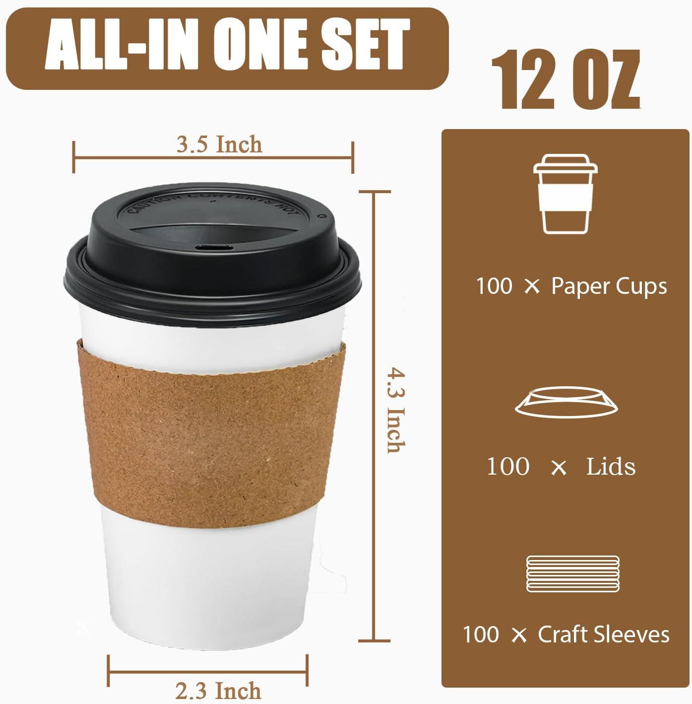 GUSTO 12 Oz Paper Cups Disposable Coffee Cups with Lids & Coffee Sleeves, 100 Sets