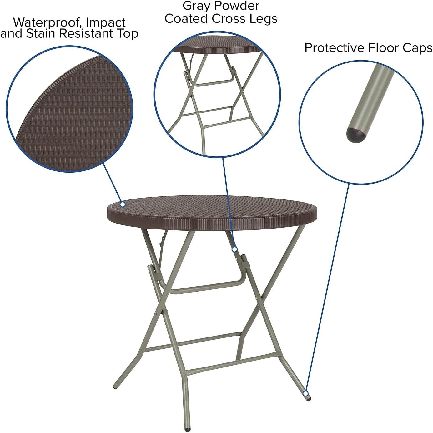 Flash Furniture 2.6-Foot Round Brown Rattan Plastic Folding Table