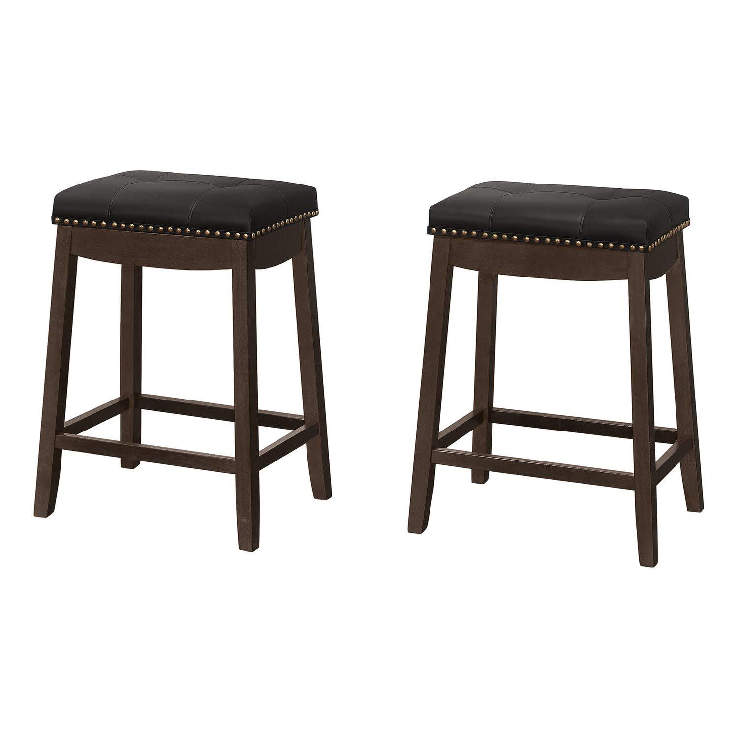 Monarch Specialties Bar Stool Set Of 2 Counter Height Saddle Seat Kitchen Wood Pu Leather Look White Grey Transitional