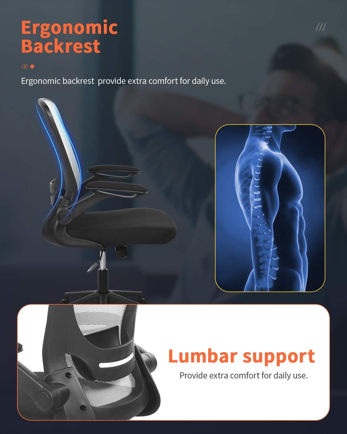 Office Chair Desk Computer Chair with Lumbar Support Flip-up Arms Swivel Rolling Executive Task Mesh Adjustable Ergonomic for Adults(White)