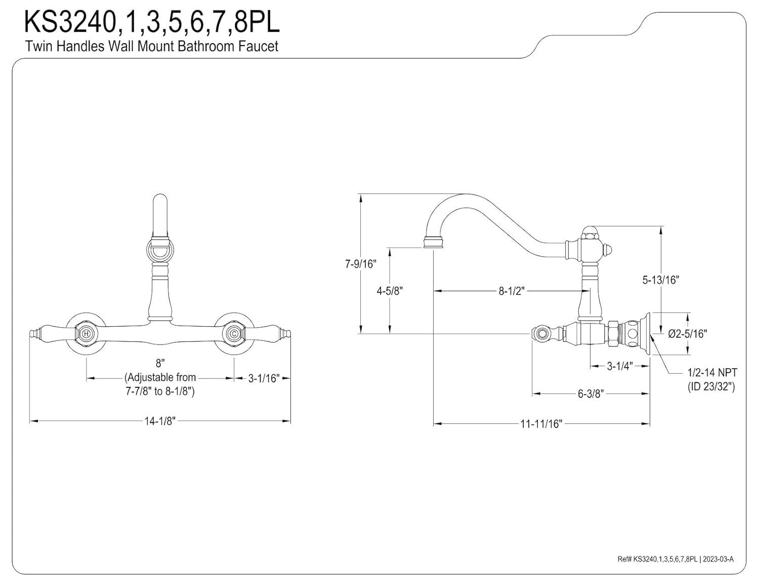 Kingston Brass Kingston Brass Vintage Two-Handle 2-Hole Wall Mount Bathroom Faucet KS3247PL