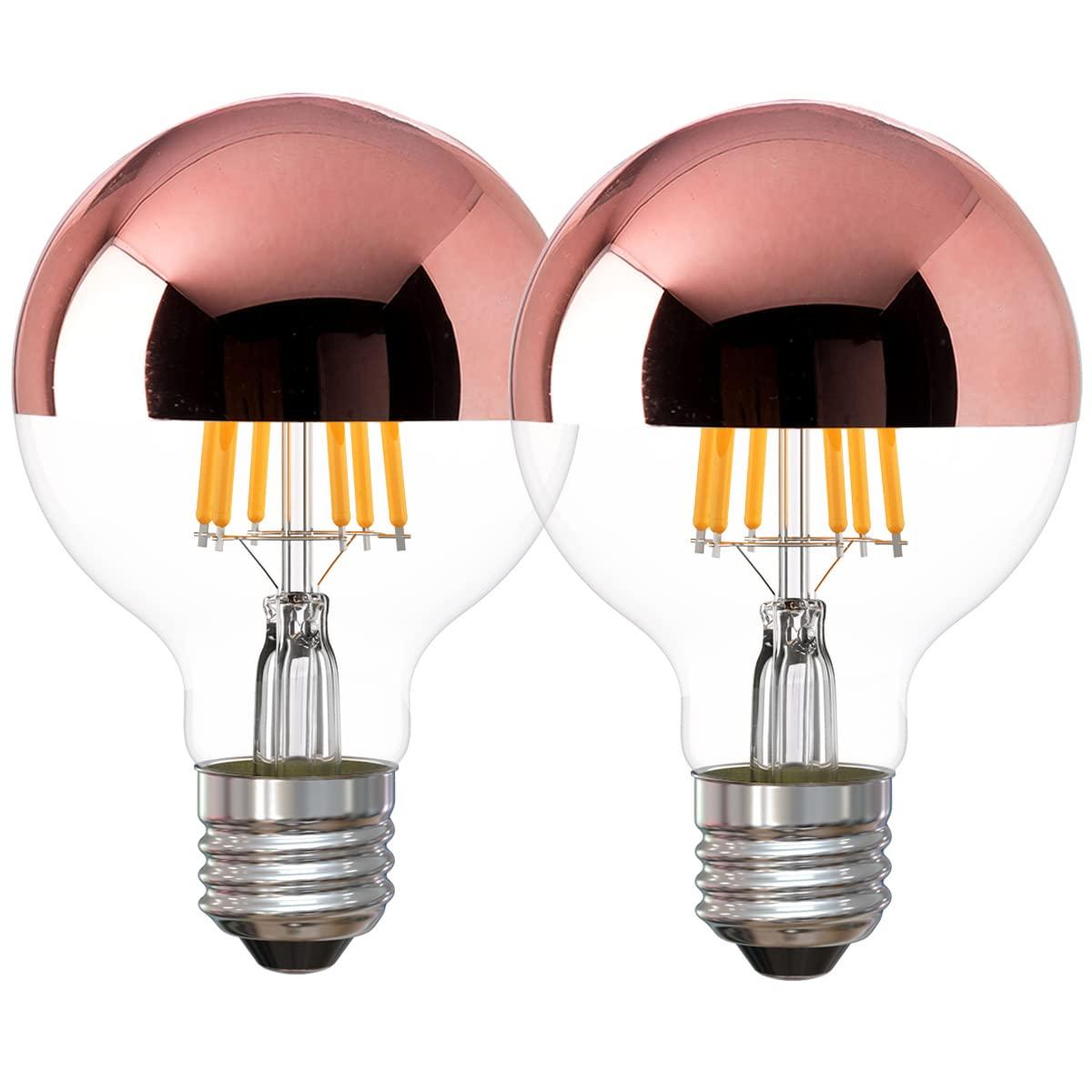 Half Chrome Light Bulb Dimmable, 6W (60 Watt Equivalent) G25/ G80 Globe Shape, 2700K Warm White, Decorative LED Edison Bulb, Rose Gold Tipped Light Bulb, E26 Base, Pack of 2