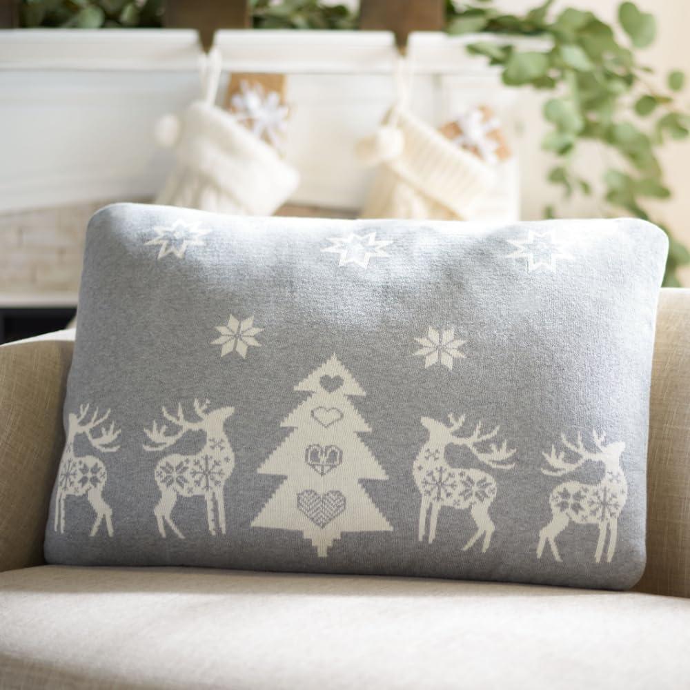 Grey Cotton Christmas Pillow with Reindeer and Snowflakes