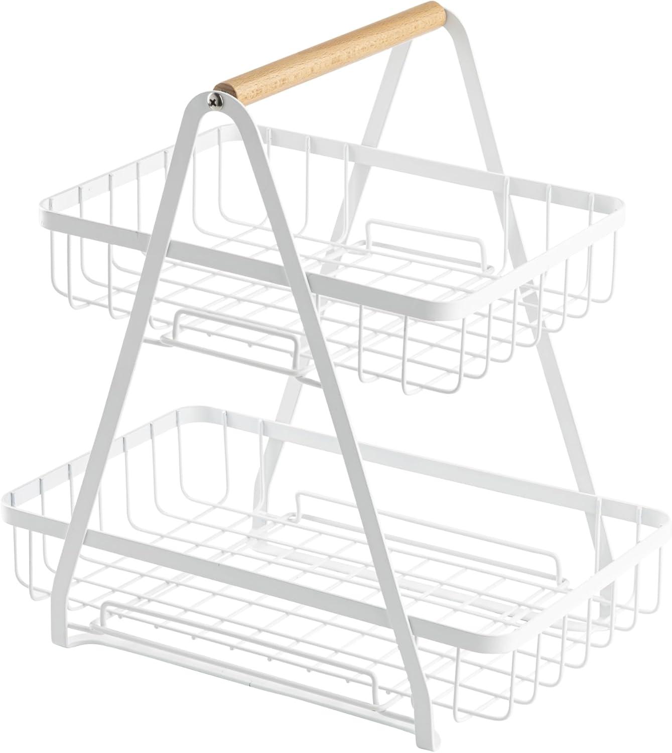 White Metal Two-Tier Food Display with Wooden Handle