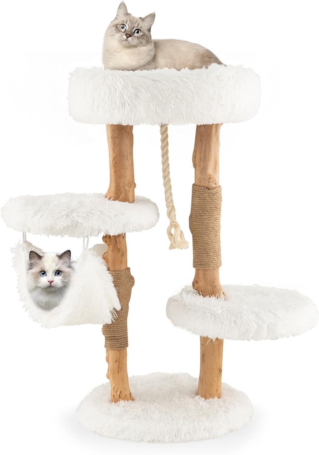 Tangkula 34" Tall Wooden Cat Tree Solid Wood Cat Tower with Jute Scratching Posts