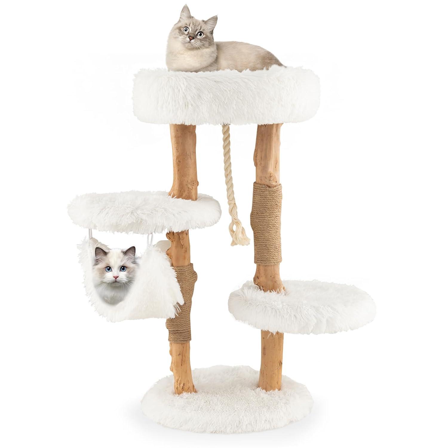 Tangkula 34" Tall Wooden Cat Tree Solid Wood Cat Tower with Jute Scratching Posts