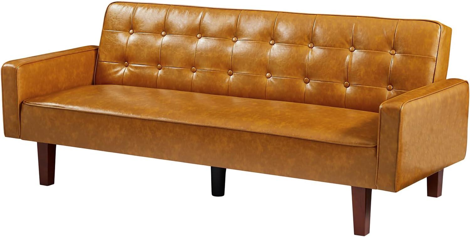 66" PU Leather Futon Sofa Bed, Adjustable Backrest Convertible Loveseat Sleeper Couch with Tapered Wood Legs for Small Space Living Room, Brown