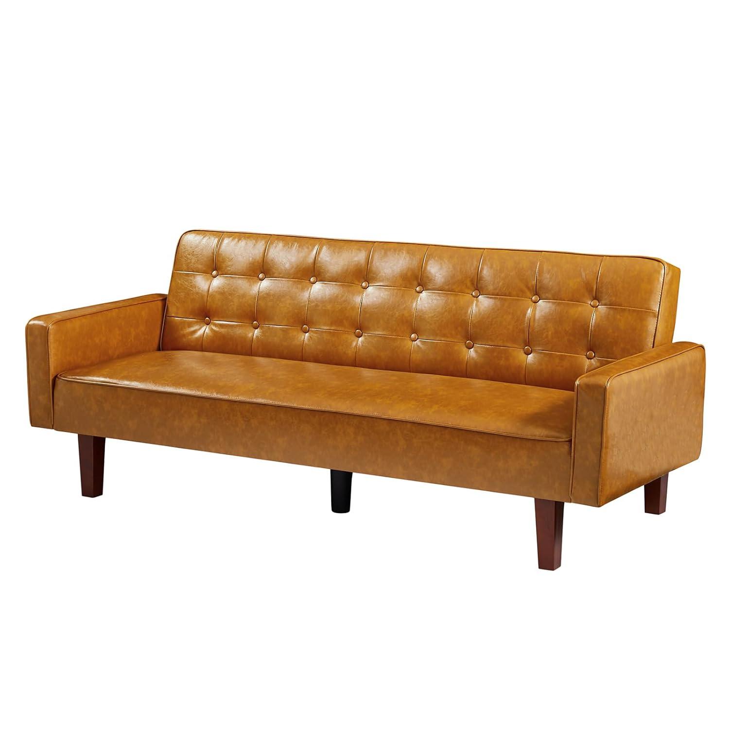 66" PU Leather Futon Sofa Bed, Adjustable Backrest Convertible Loveseat Sleeper Couch with Tapered Wood Legs for Small Space Living Room, Brown