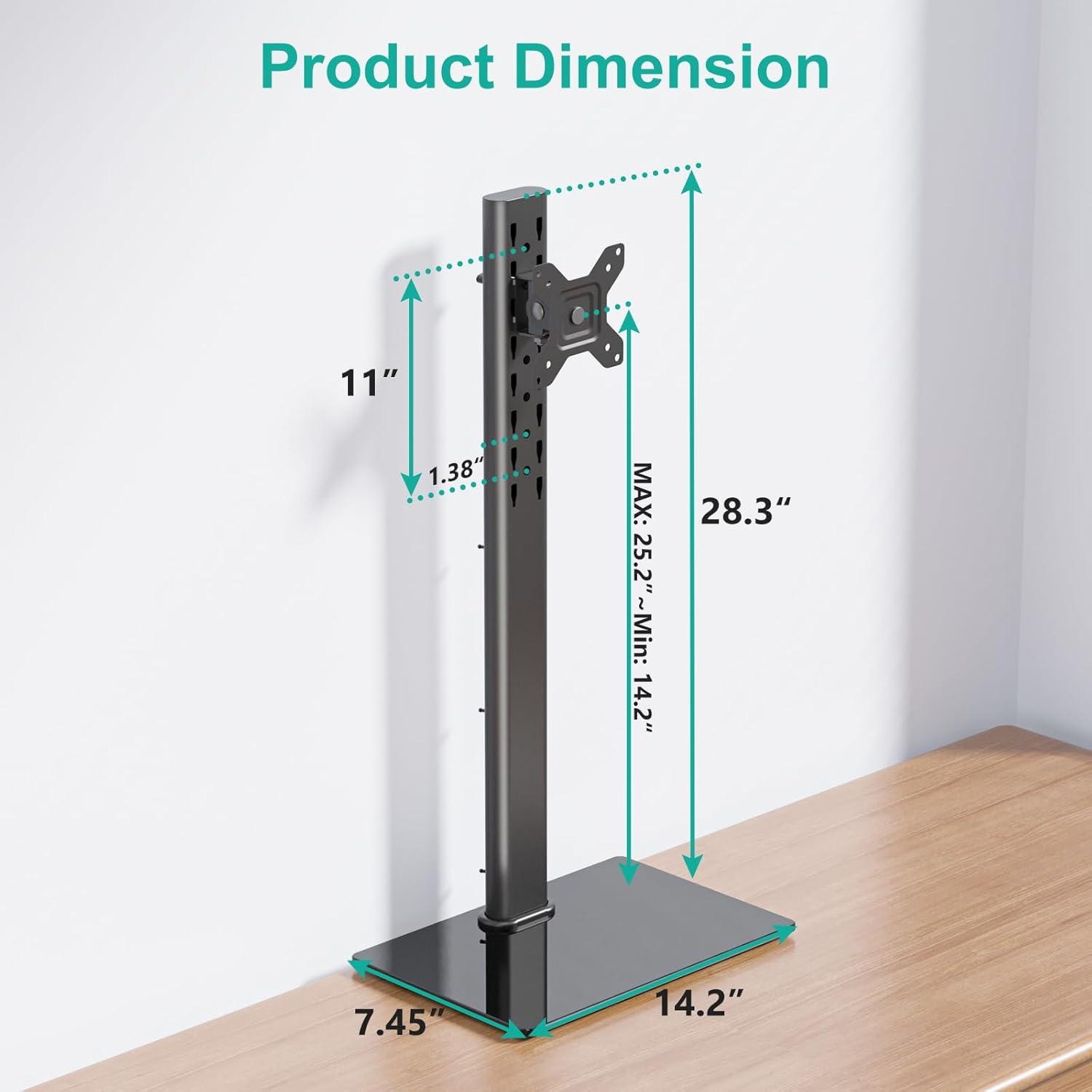 Black Adjustable Single Monitor Stand with Tempered Glass Base