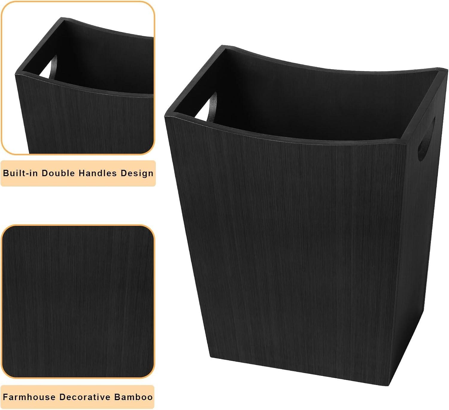 Small Black Wood Farmhouse Wastebasket with Handles