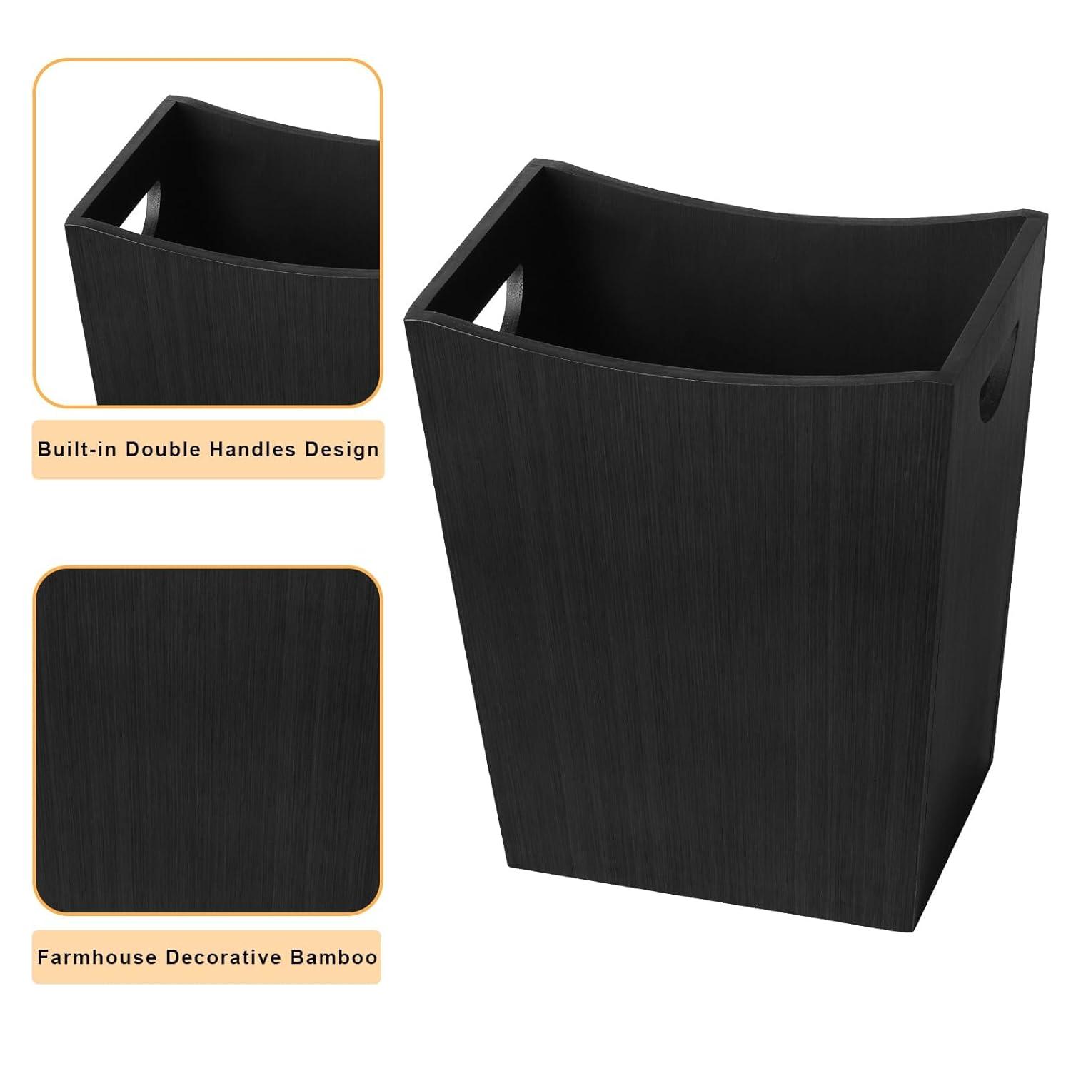 SEHERTIWY Wood Trash Can, Farmhouse Wastebasket Bin for Bathroom, Office, Bedroom, Living Room, Small Square Rustic Garbage Container (Wood-Black)